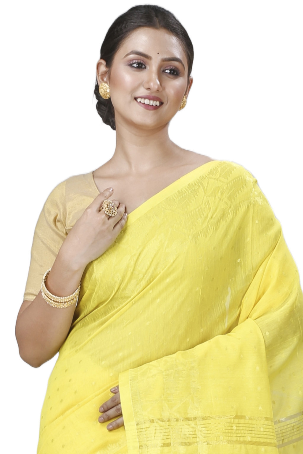 Yellow Blended Cotton Temo Hand Loom Saree (1266)